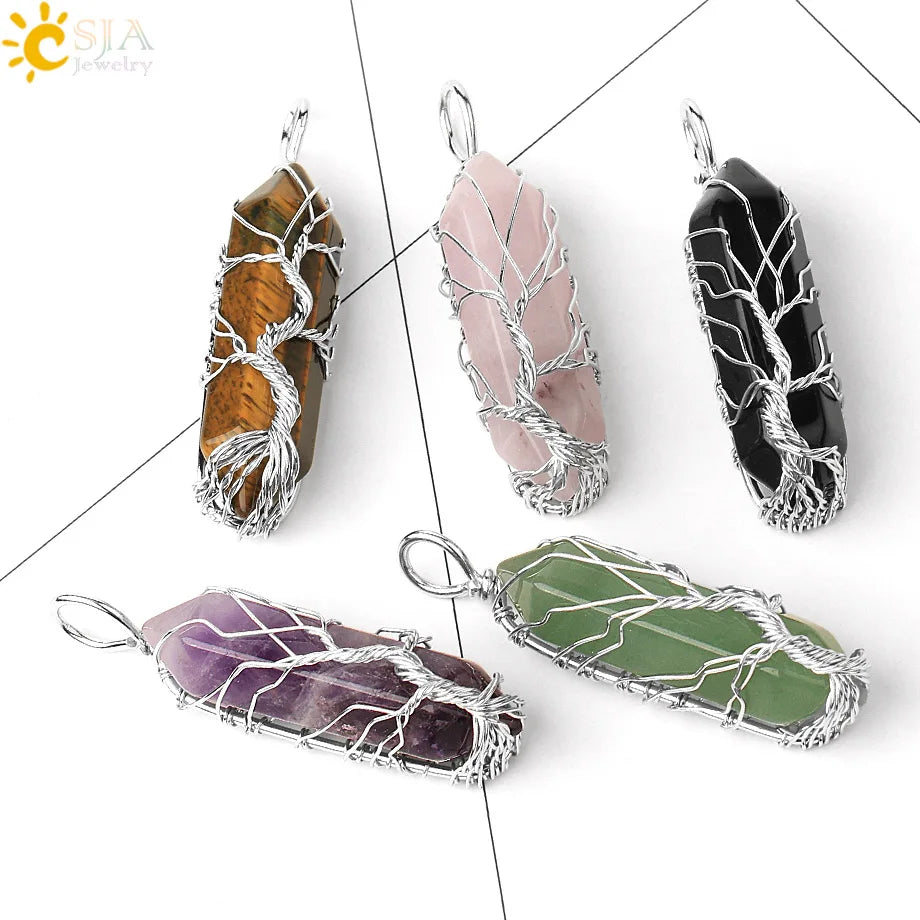 CSJA Wholesale Wire Wrapped Gemstone Crystal Pendant Natural Stone Tree of Life Jewelry Necklace G551