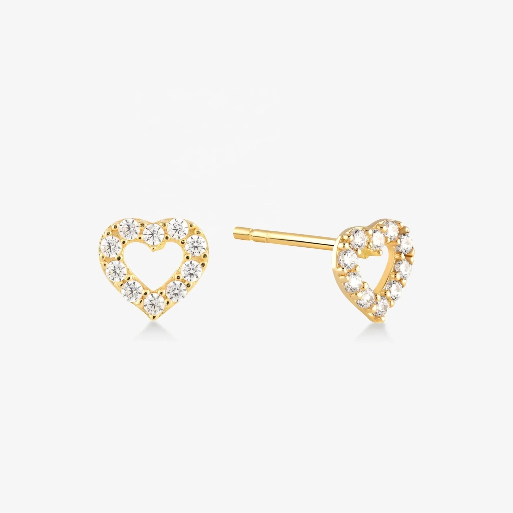 OEM 18K Gold Plated Open Heart 925 Sterling Silver Micron Pave White CZ Stud Earrings for Anniversary Party and Gift
