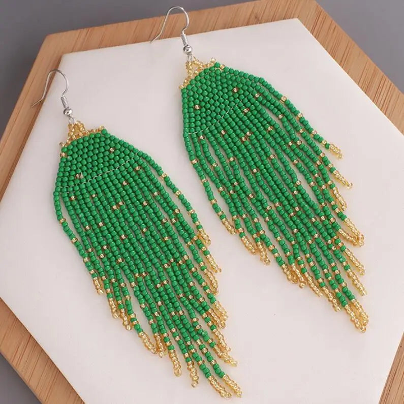 Kaimei 2022 Earring Fashion Jewelry Ethnic Tassel Rice Bead Earrings Women's Retro Handmade Bohemian Long Tassel Earrings Women