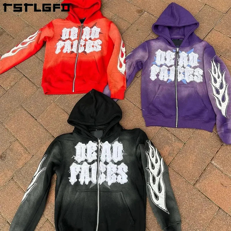 Design Hoodies Manufacturers Vintage Sweatshirt Distressed Sun Faded Men Embroidery Patch Zip up Acid Wash Men's Applique Hoodie