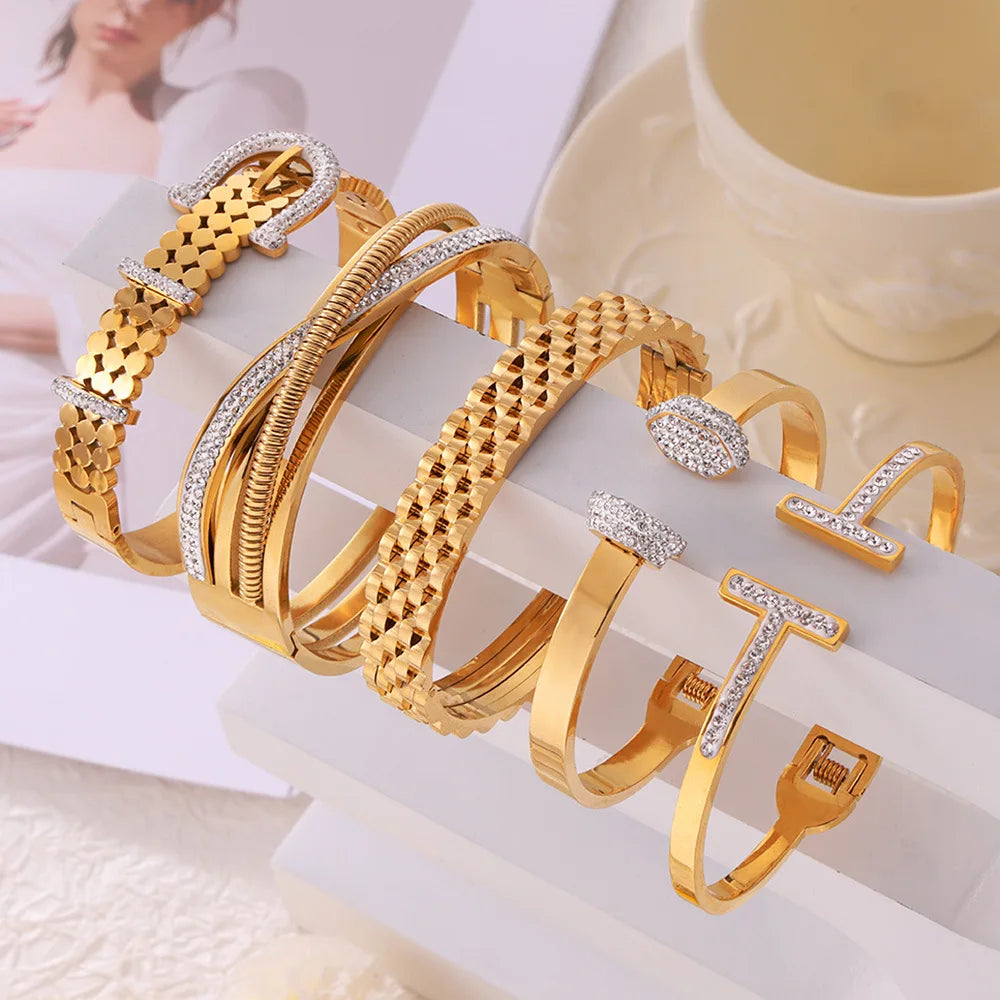 New Luxury Tarnish Free 18k Pvd Gold Plated 316L Stainless Steel Geometric Diamond Bracelet Bangle for Women