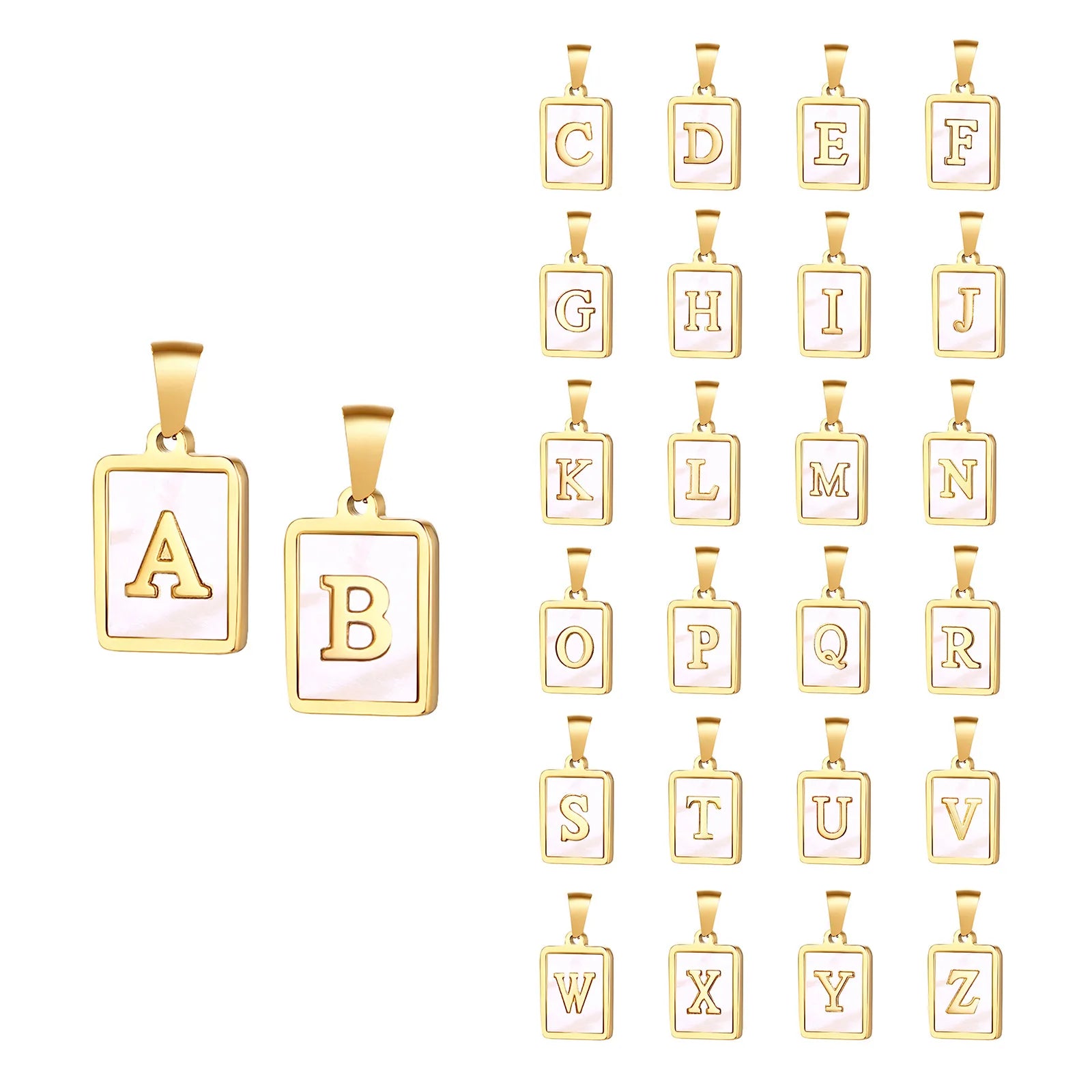 Gold Dainty square 26 Letters pink Sea Shell Mother of Pearl Letter Pendant Charms Initial