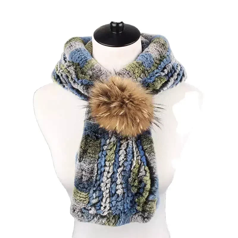 MWFur Fur Hat with Ball Hooded Scarf With Fur Pompom Women Scarf Hat Hand Knitted Rex Rabbit Fur Hooded Scarf