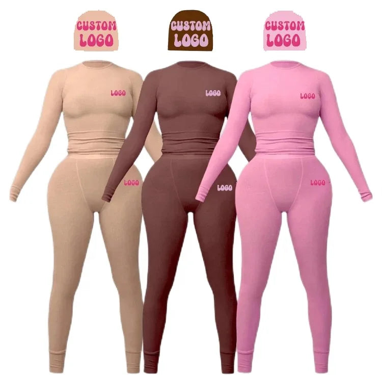 Custom logo Longsleeve Legging Lounge Wear Loungewear Brand Underwear Brown Beanies Set Cotton Spandex Brand Dupe Two Piece Set