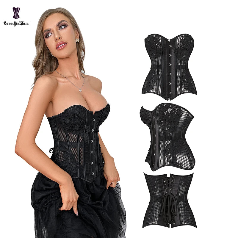 Plus Size S-xxxxxxl Front 6 Busk Closure Hollow Out Body Shapewear Black Mesh Bustier Appliqued Lace up Boned Corset for Women