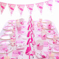 Wholesale Pink Flamingo Theme Partyware Set Disposable Paper Plates Cups Napkins Straws for Kids Birthday Tablecloth Included
