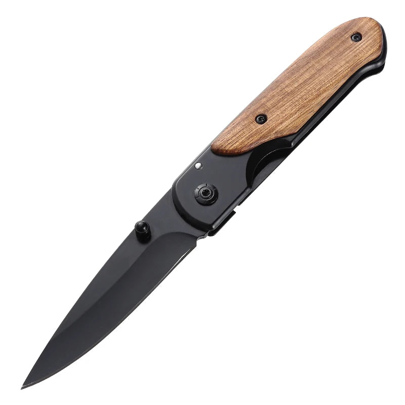 DA44 Zebra Wood Handle Folding Knife with Black Titanium Finish Steel Blade and Belt Clip for Outdoor Survival Hunting Camping