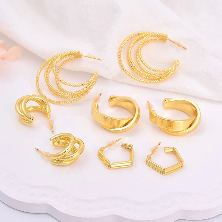 EM1249 18K Gold Plated Brass Fashion Chic Chunky Three Triple Earrings for Women Girls Ear Jewelry Cuff Hoop Huggies Earring