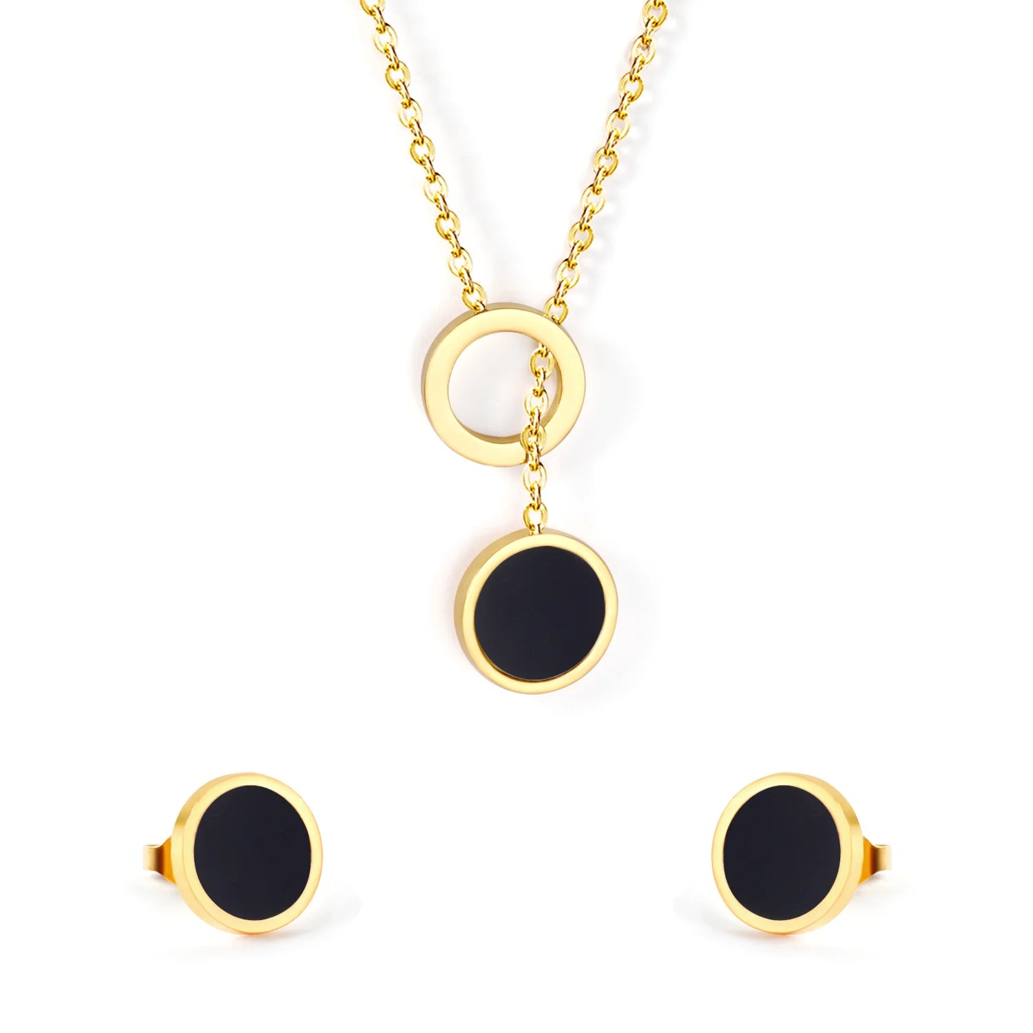 Stainless Steel 18K Gold Plated Jewelry Set Geometric Circle Pendant Necklace Stud Earrings Black Shell Minimalist for Women