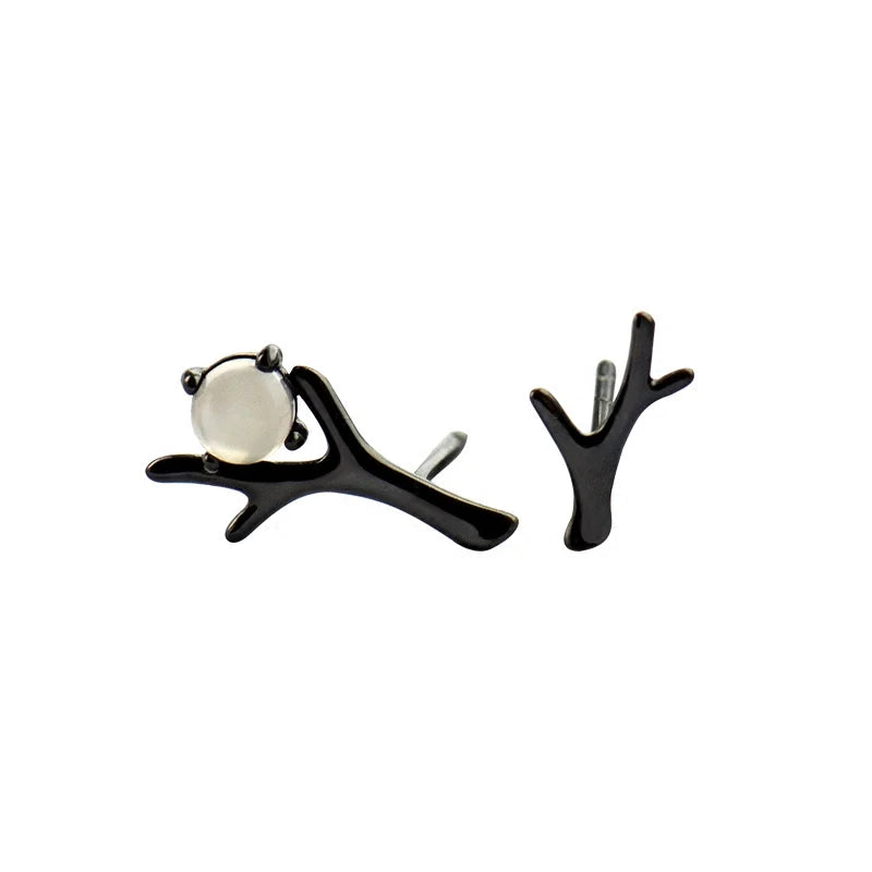 925 Sterling Silver Asymmetric Black Branch Tree Stud Earrings for Women Wedding Jewelry Engagement Moon Pendientes Brincos