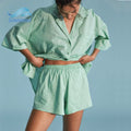 Custom Women Green Color Relaxed Fit Short Sleeve Button up Shirt and Elastic Waist Shorts Cotton Linen Casual Summer Set