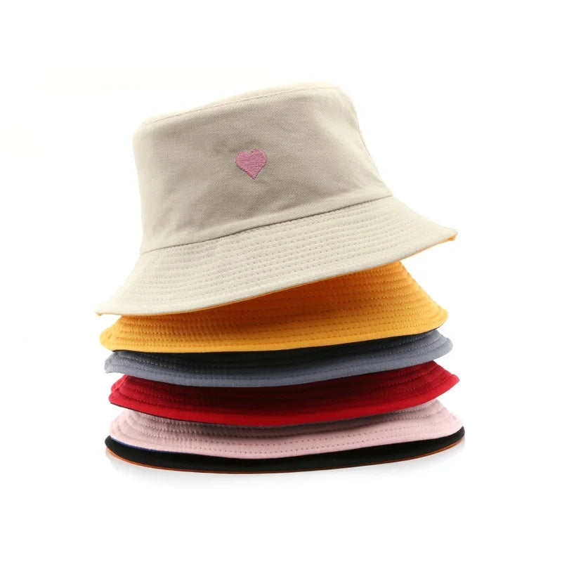 Summer Solid Color Heart Embroidered Outdoor Sunshade Double-faced Fisherman Hat Sunscreen Sun Play Bucket for Hiking Camping
