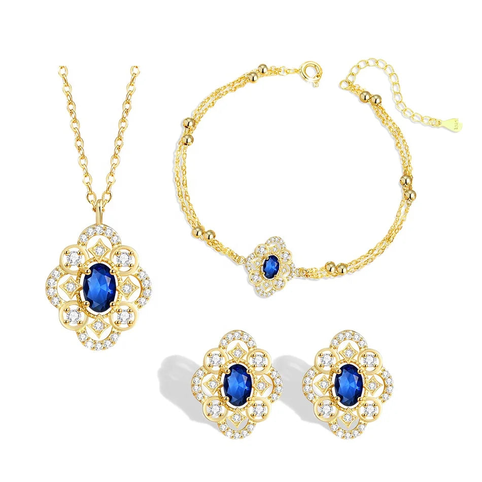 Daidan Jewelry Women Set Vintage Blue Zircon Gold Plated Flower Silver 925 Flower Design Jewelry Set
