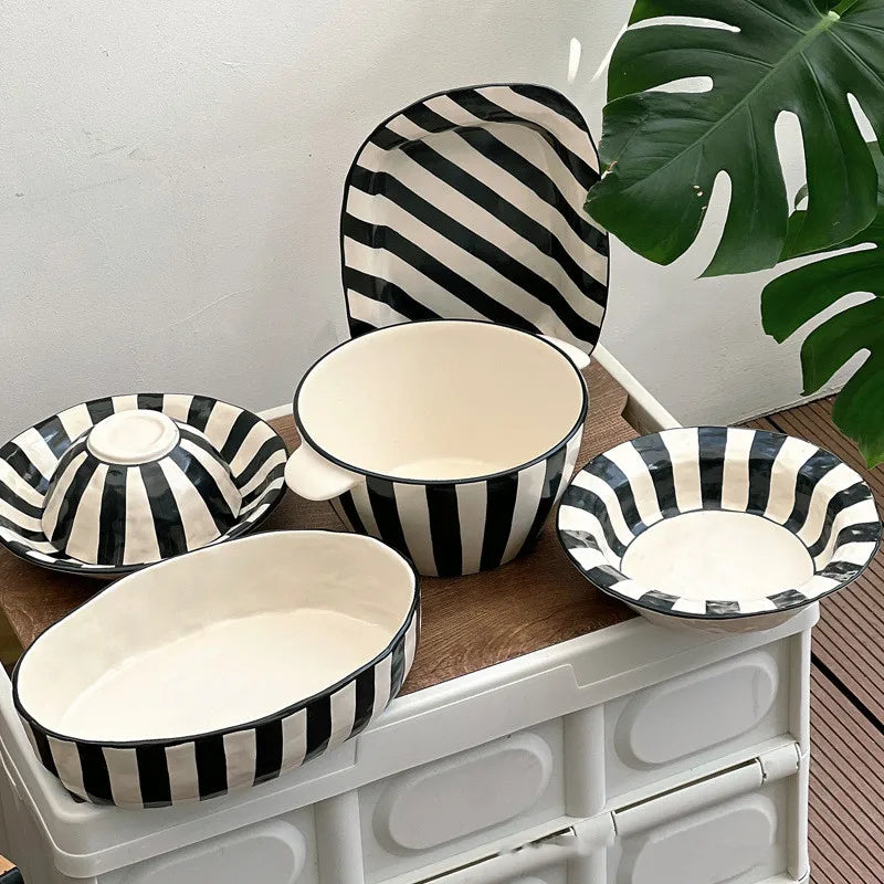Solhui Black and White Striped Underglazed  Household Ceramic Bowls Dishes