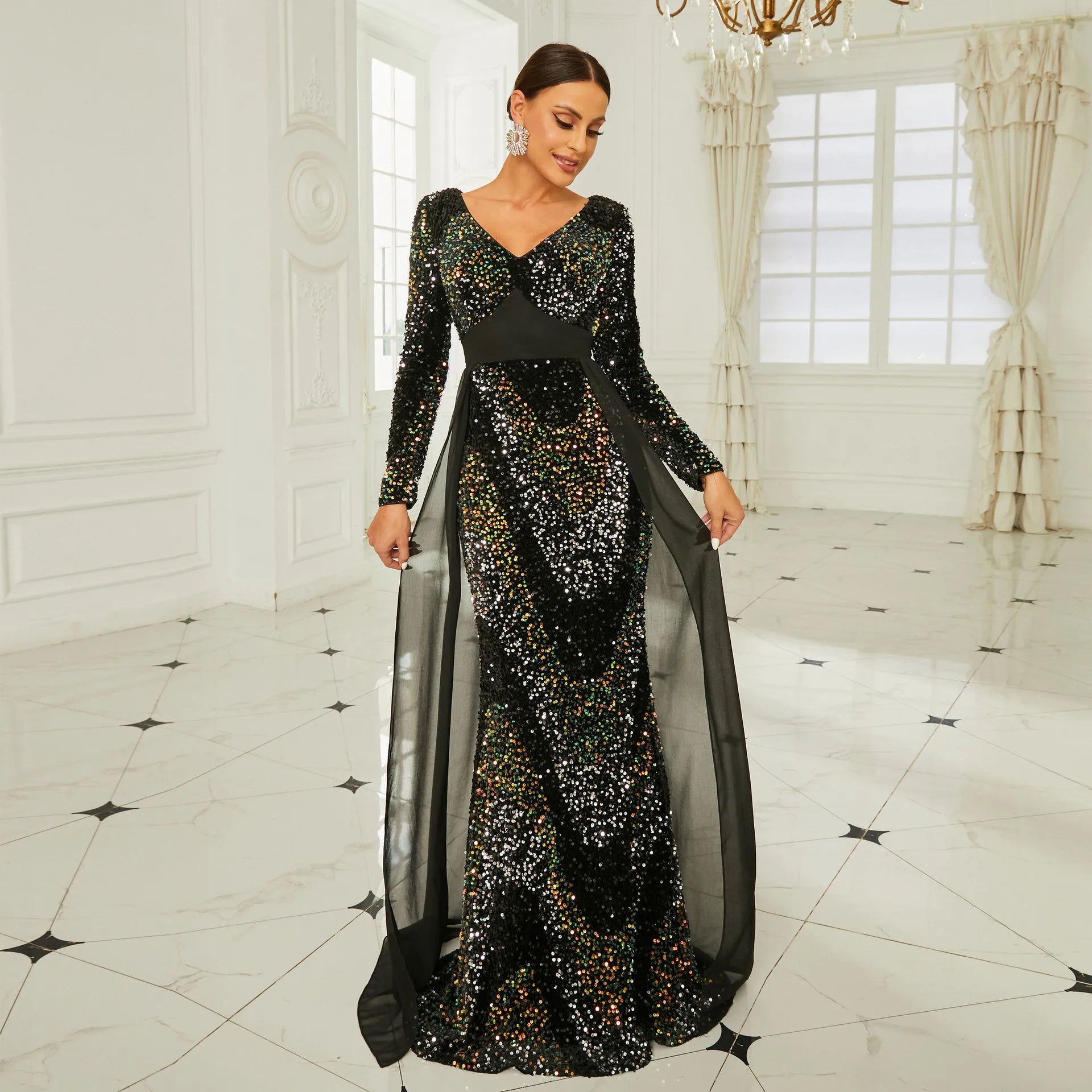 Luxury Rhinestones Long Sleeve Mesh Maxi Long Dress Women Sexy Shiny Diamond High Split Crystal Night Party Dress