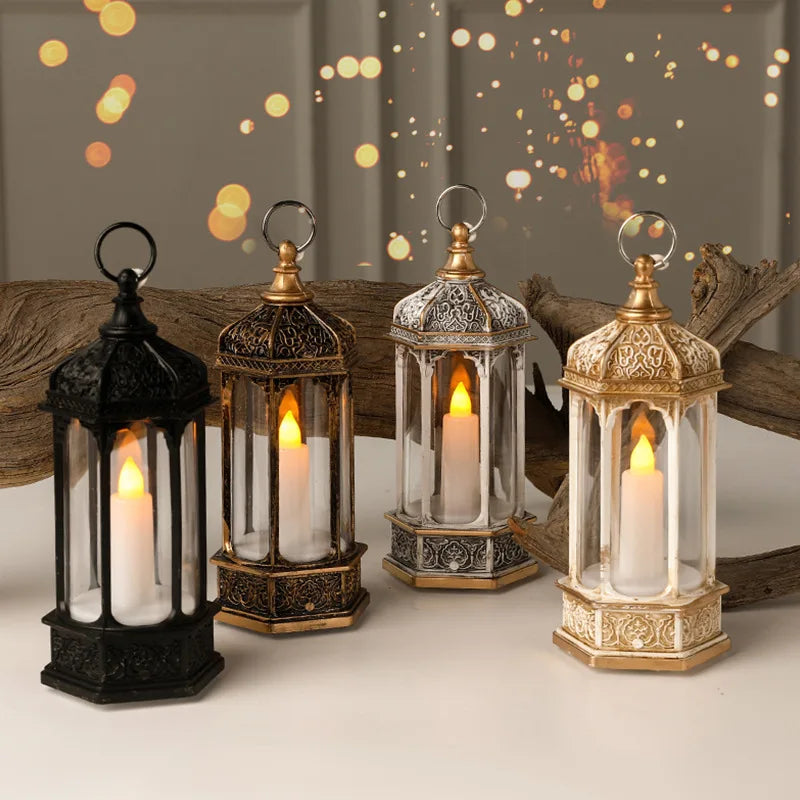 Christmas Scene Layout Desktop Decoration Portable Retro Luminous Hexagonal Electronic Candle Small Oil Lamp Christmas Lanterns