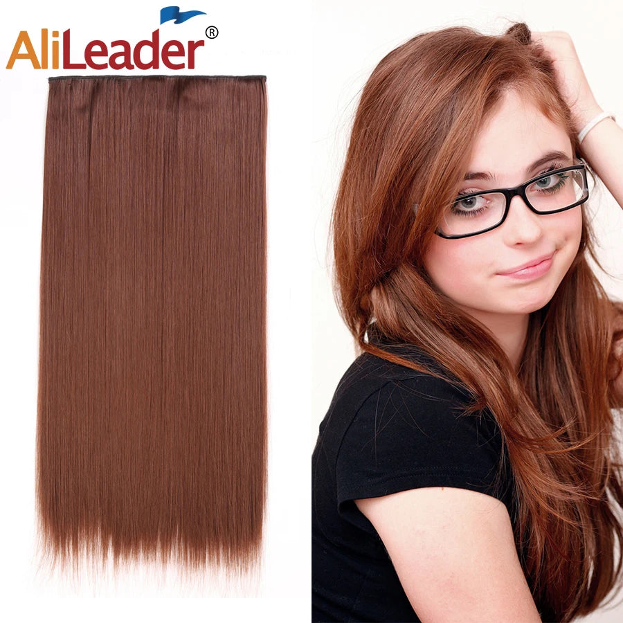 AliLeader Heat Resistant Fiber One Piece Hair Extensions 24 Inch Clip in Hair Extensions Natural Straight Hairpieces for Women