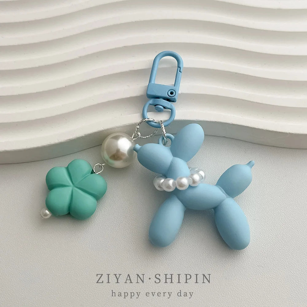 Cartoon PU Keychain Ring with Pearl Balloon Dog Flower Earphone Holder Backpack Bag Decoration Accessories
