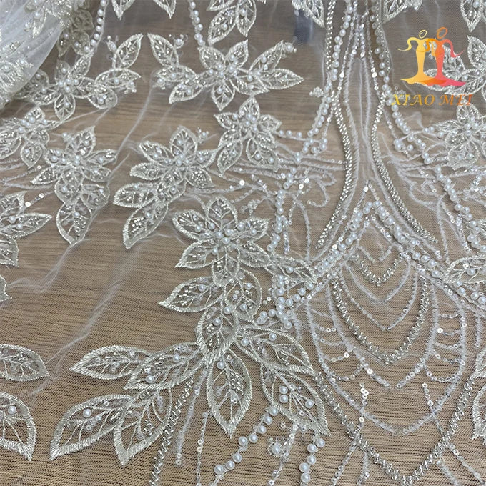 New Style Eco-Friendly Mesh Chemical Polyester Luxury Beaded Wedding Dress Lace Fabric XM-BF0591