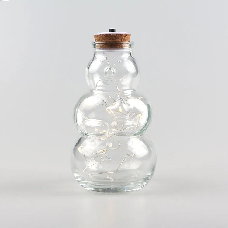 Home Decorative Shinning Glass Bottle with Snowman Design Clear Bottle with Cork Sealing