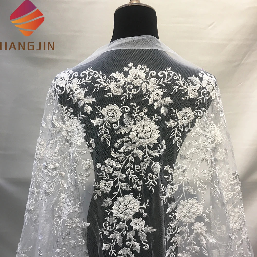 Ivory White French Tulle Lace Mesh Fabric DIY Bride Wedding Dress 3D Embroidered Beaded Lace Fabric