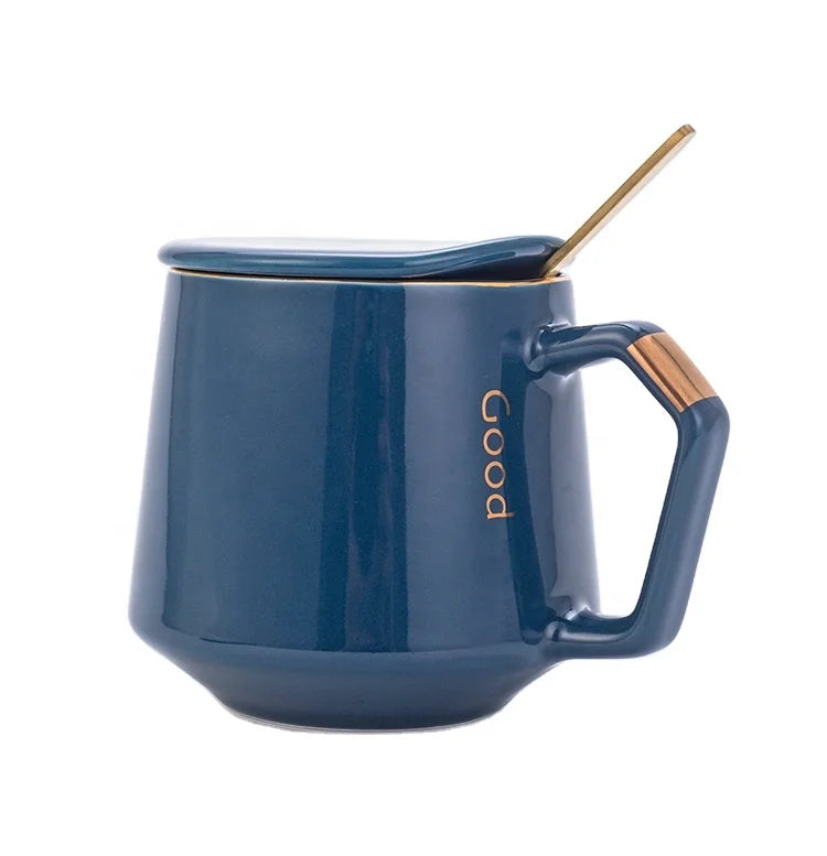 Modern Luxury Creative Ceramic Coffee Mug With Cover Lid & Spoon Set 360ml Porcelain Water Tea Cup Sets for High End Hotel