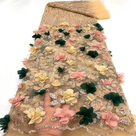 Gold Powder Mesh 3D Flower European American Women's Dress Children's Clothing Designer Fabric Lace