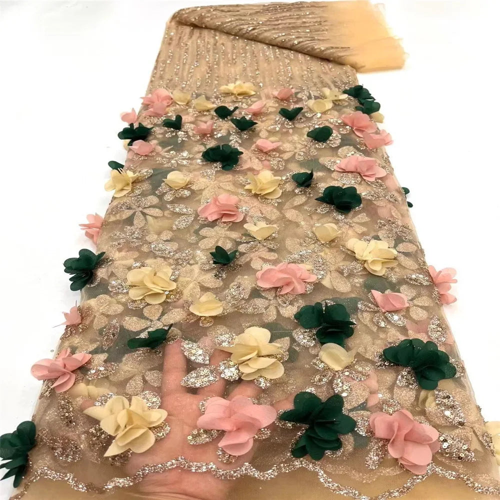 Gold Powder Mesh 3D Flower European American Women's Dress Children's Clothing Designer Fabric Lace