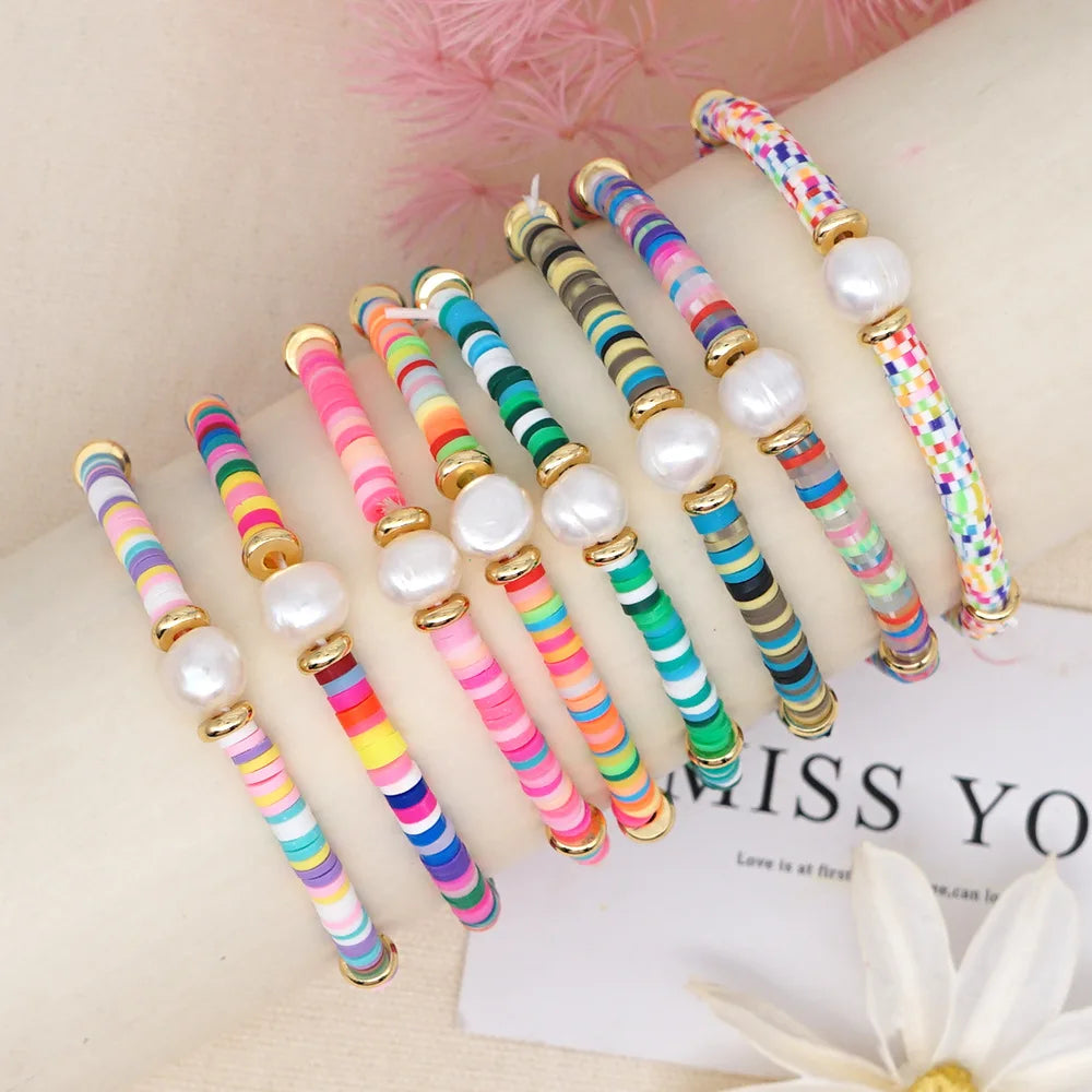 4mm Heishi Surfer Bracelets Set Colorful Preppy Pearl Beaded Stretch Polymer Clay Beads Boho Disc Bracelets Summer Beach Jewelry