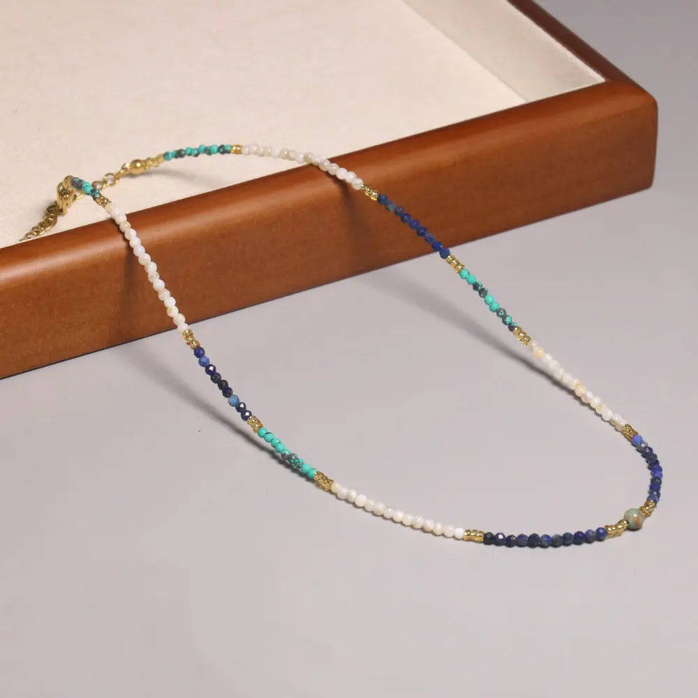 Vintage Natural Stone Necklace Faceted Lapis Lazuli Beaded Clavicle Necklace Shell Beads Healing Energy Choker for Women Gift