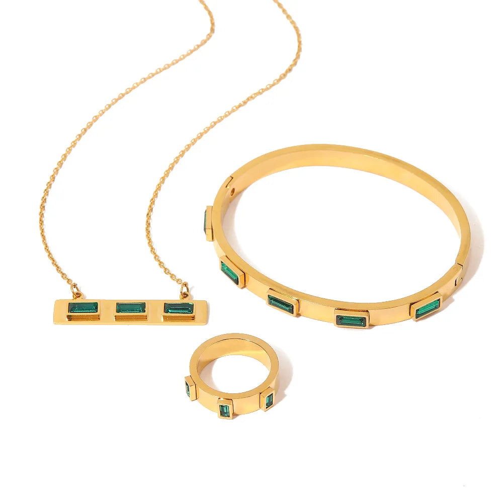 Newest Stainless Steel Jewelry Set Waterproof 18K Gold Plated Necklace Bangle Ring Set Trendy Green Zircon Jewelry