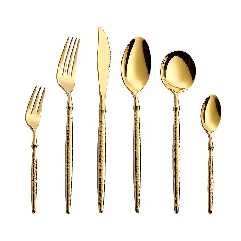 Reusable Modern Stainless Steel Rose Gold Black Hammered Mirror Polish Flatware Cutlery Set for Wedding Eating Utensils