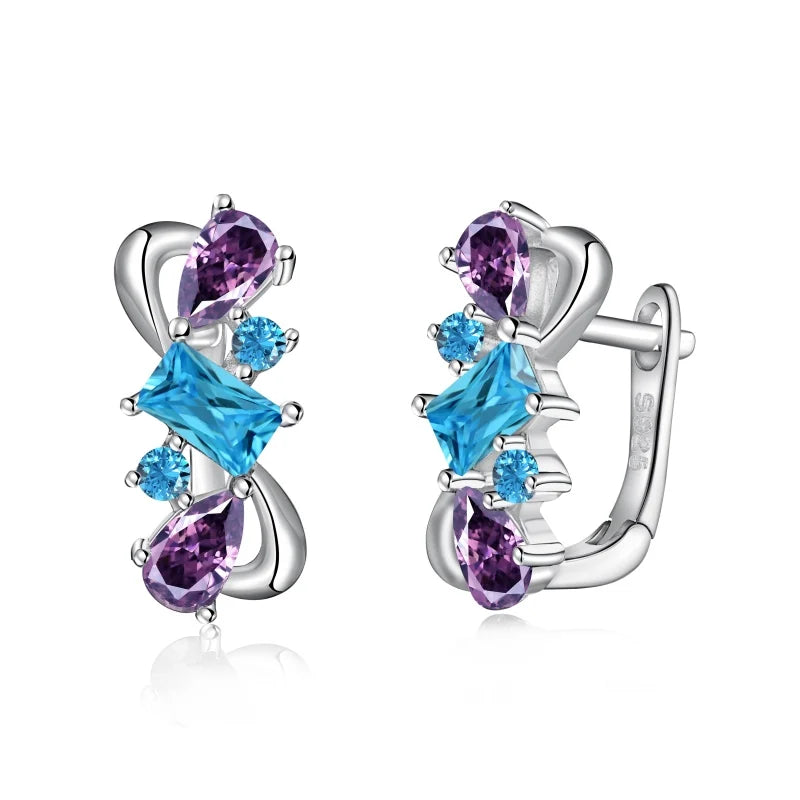 Fine Jewelry 925 Sterling Silver Plated Blue Water Drop Cubic Zircon Hoop Earrings for Women