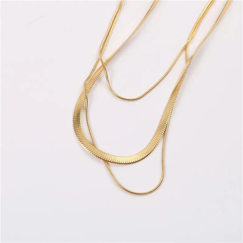 Stainless Steel 18K Gold Plated  3 Layers Flat Round Snake Chain Necklace for Women