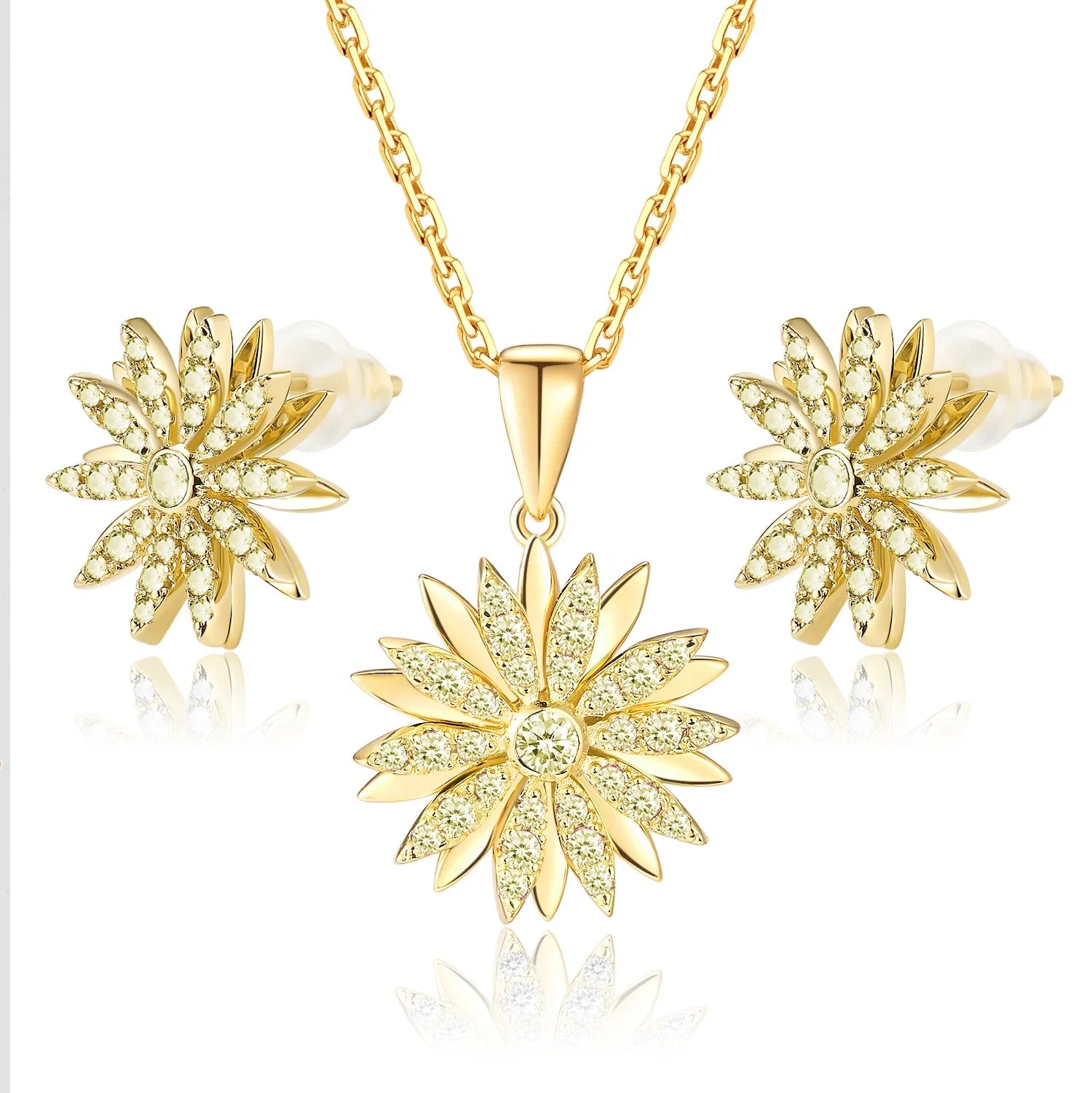 Zircon Rhinestone Decorated Flower Pendant 18k Gold Plated Women's Metal Ball Chain Necklace & Earring Set for Wedding & Party