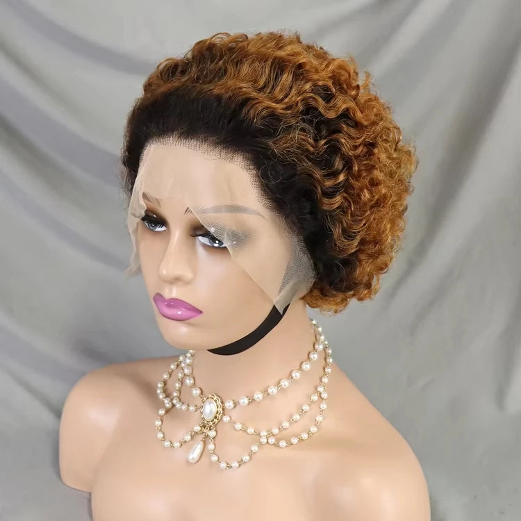 Color 1BT30 Short bob Wigs Afro Curl High Density 13x4 Full Lace Frontal Pixie Curly Wig Pixie Human Hair Wigs