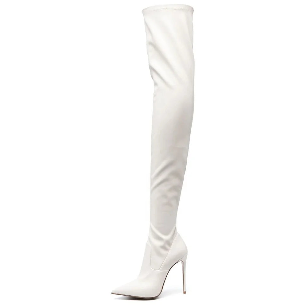 Ladies Plus Size Knee High Heel Leg Baddie Thigh High Boots Leggings Black White Leather Pointed Toe Design Stretch Sock Winter