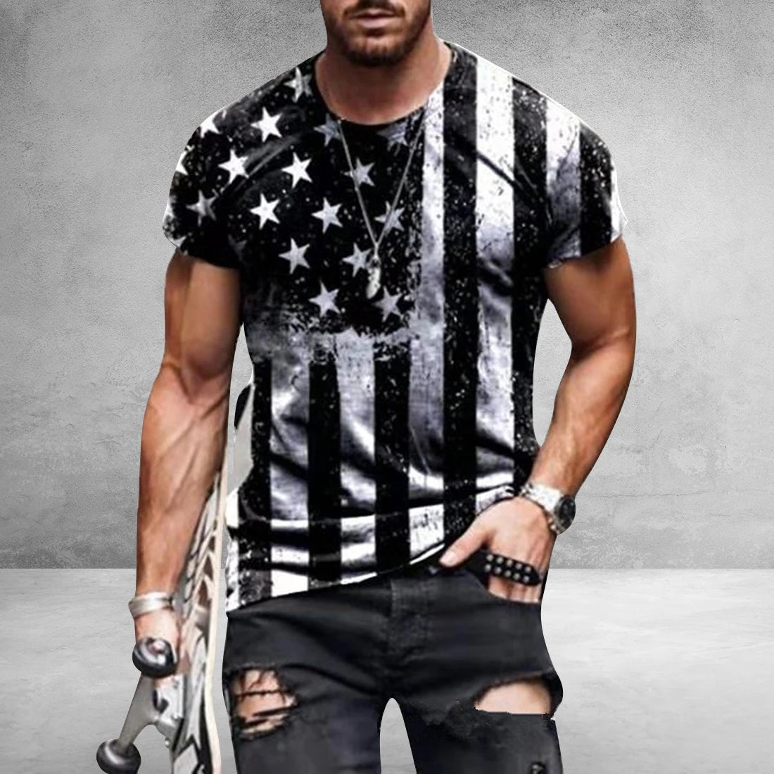 Fitspi Men's T-shirt American Flag Print T Shirt Summer Round Neck Cool Oversize Muscle Streetwear Clothing Tshirt Wholesale