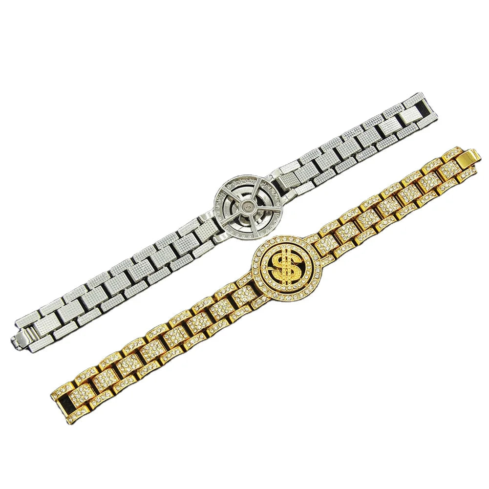 Duyizhao Wholesale Cheap Hip Hop Cool Men Turn Dollar Watch With Bracelet Trendy Personality Cool Full Diamond Punk Bracelet