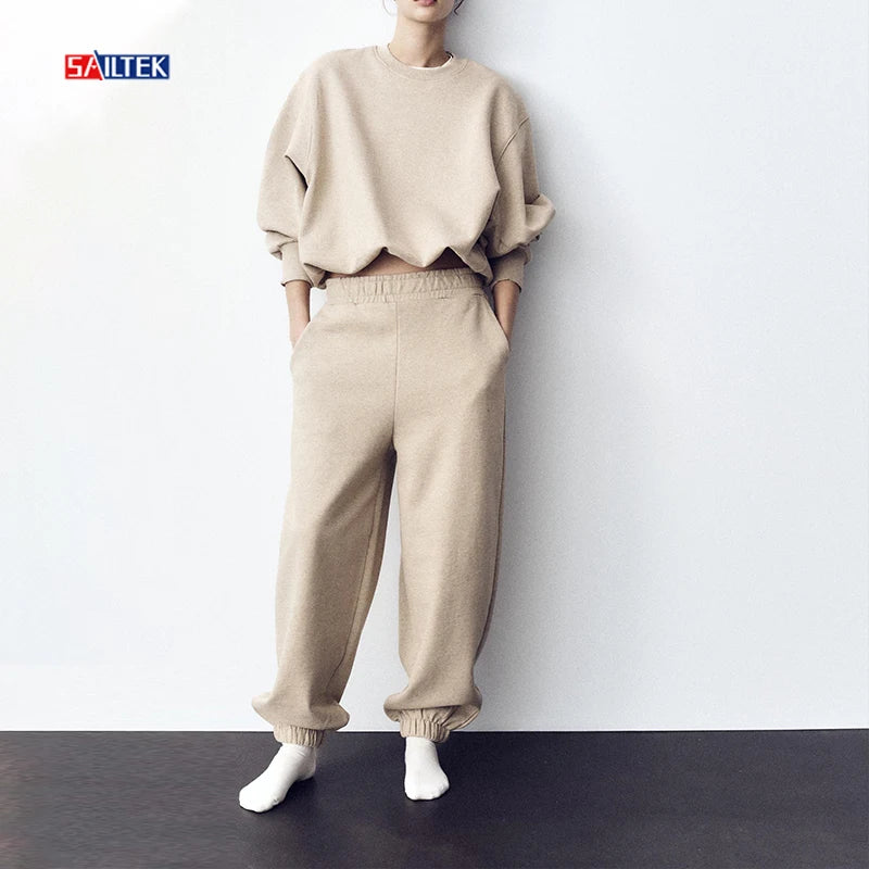 Casual Sweat Suit Custom Tracksuit Fleece Cotton Outfits 2 Piece Crewneck Sweatshirt and Sweatpants Set Women