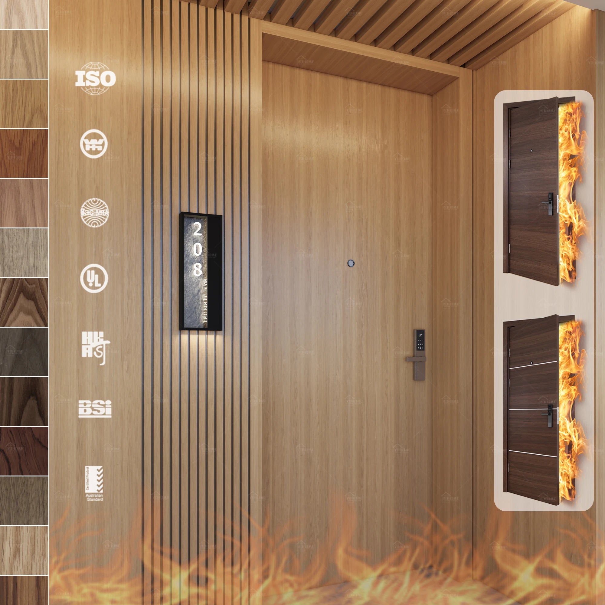 China Top Doors Manufacturers WH Certified Interior Soundproof Flat Hotel Room Wood Fire Rated Door 45 Minute Fire Door