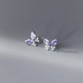 925 Sterling Silver Purple CZ Earings Fashion Cubic Zirconia Butterfly Shape Stud Earrings Jewelry for Women Girls