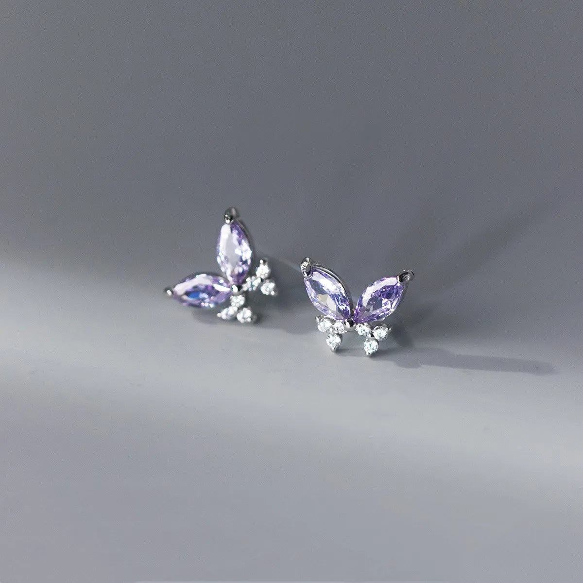 925 Sterling Silver Purple CZ Earings Fashion Cubic Zirconia Butterfly Shape Stud Earrings Jewelry for Women Girls