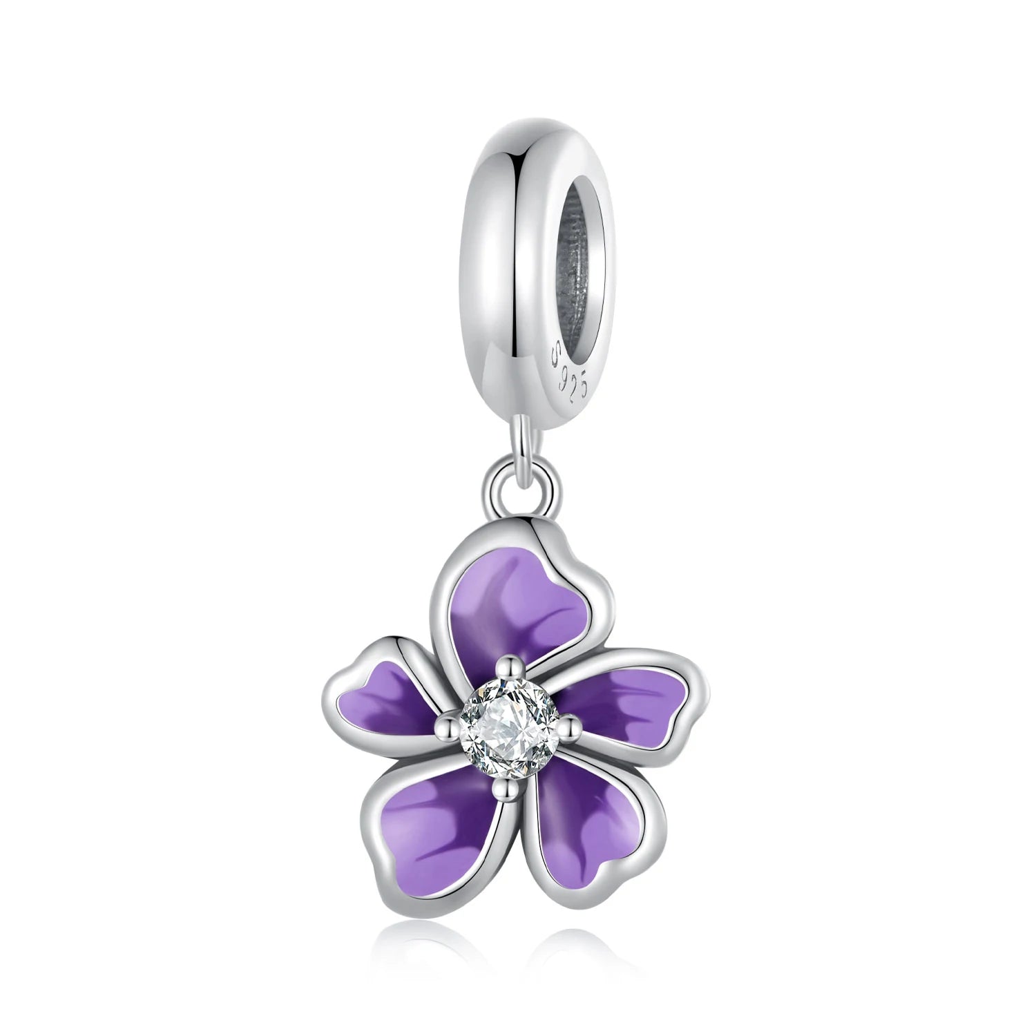New 925 Sterling Silver Purple Enamel Flower Beads Clear Zircon Charms for Women Original Bracelet Fine Jewelry SCC2556