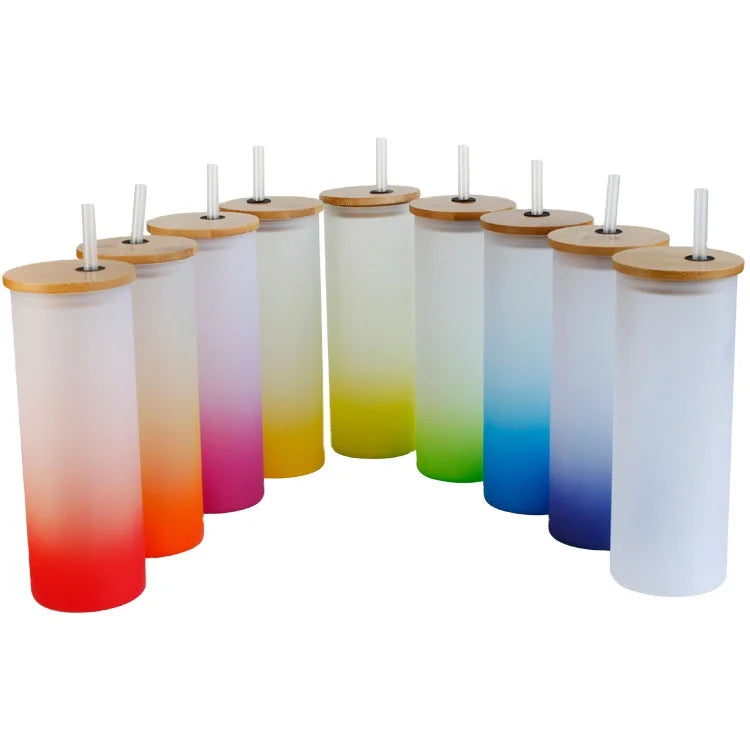 Sublimation Blanks 18oz Colorful Glass Tea Cup Frosted Gradient Drinking Water Straight Bottle Tumbler Mug Bamboo Lid CE/EU