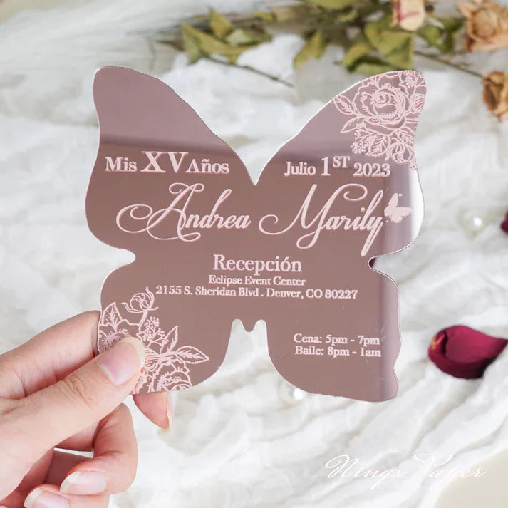 2mm/0.7\" XV Anos Quinceanera Invitation Cards Rose Gold Butterfly Mirror with Envelope Stylish Angel Style