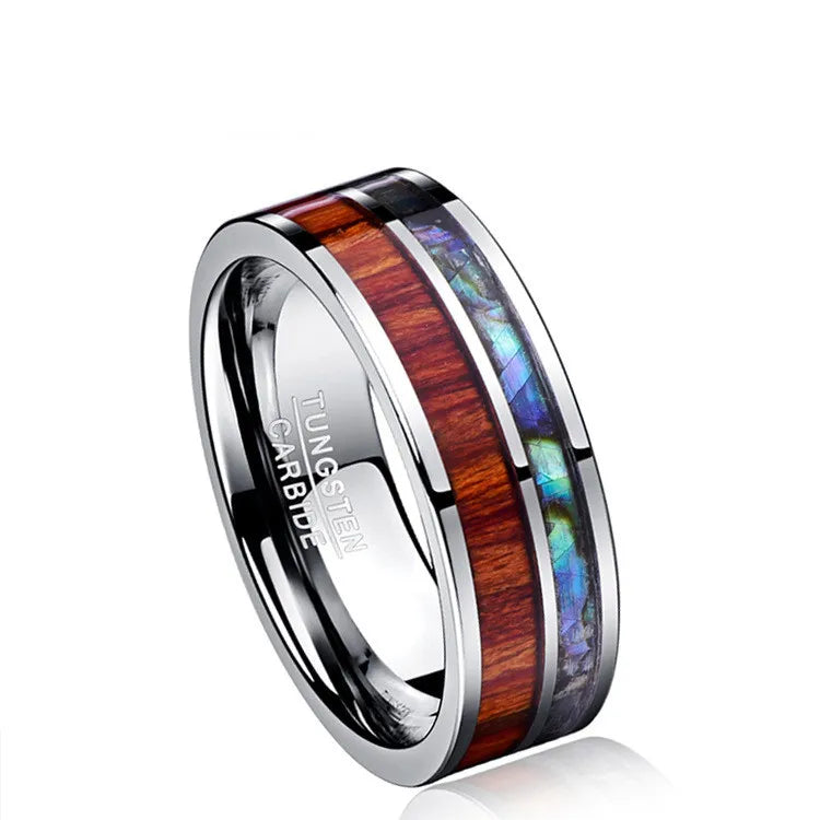Unisex Tungsten Steel Ring with Simple Wood Grain Shell Double Line Geometric Pattern Classic Silver Plated Fashion Ring for Men