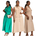 HK7604 Trendy Office Lady Dresses Women Casual Elegant Sleeveless Turn-down Collar Neck Single Breasted Shirt Dress With Pocket