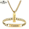 Zhongzhe Jewelry Custom Cuban Chain Bracelets Necklace Set Stainless Steel 18k Gold Waterproof DIY Logo Unisex Necklace