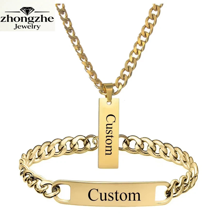 Zhongzhe Jewelry Custom Cuban Chain Bracelets Necklace Set Stainless Steel 18k Gold Waterproof DIY Logo Unisex Necklace